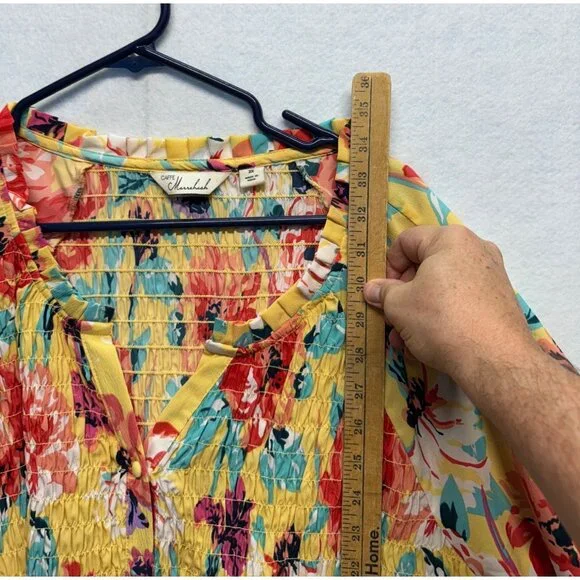 Caffe Marrakech Womens 3X Floral Smocked Peasant Top Yellow Multi-Color V-Neck - Picture 6 of 9